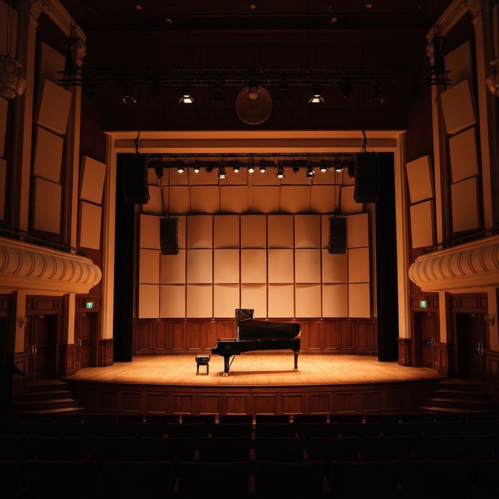 Iwaki Auditorium stage with grand piano and full orchestral lighting, empty and ready for performance